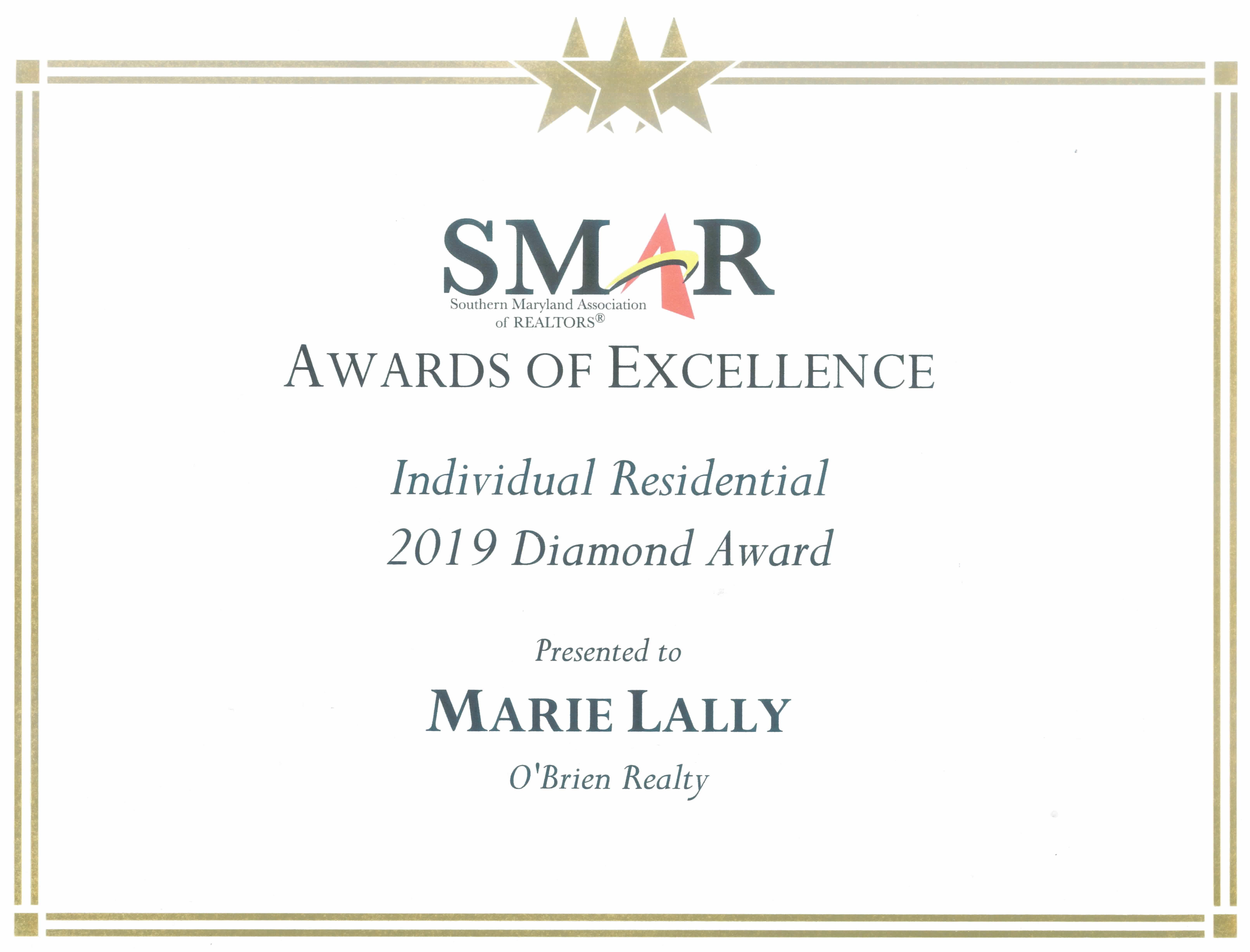 Marie Lally is a top producing agent in Southern MD.  Marie Serves Buyer and Sellers of residential real estate in Saint Mary's County, Calvert County, Charles County and other areas!  Marie is a Diamond Award Winning Realtor - The Best of Southern Maryland!