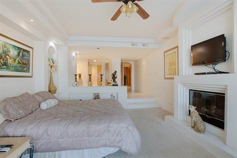 Fireplace, ceiling fan, recessed lighting, television
