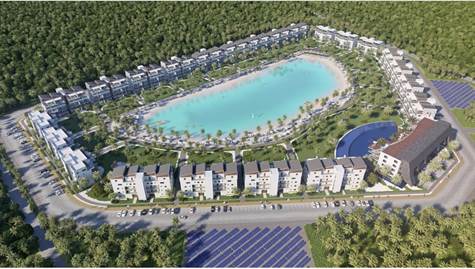 Areal rendering of The Beach at City Place community & Crystal Lagoon