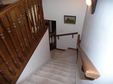 Staircase to the basement features solid oak railings
