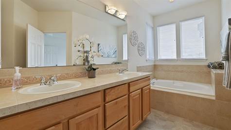 Primary Bath with double sink vanity, soaking tub.  There's also a separate water closet, glass shower and walk in closet.