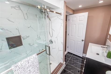 Basement Bathroom with Custom Made Shower Base & Custom Made Shower Door
