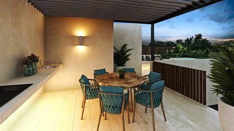 NEW APARTMENTS FOR SALE IN TULUM terrace with wooden table