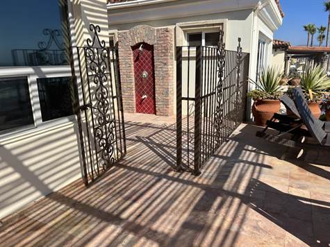 Wrought iron fence and gate in back