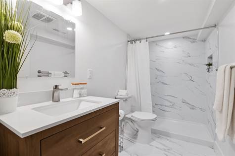 Lower bath room, walk-in shower all new: tiles, vanity, toilet &   lighting