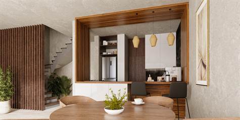 Interior dining area & kitchen rendering