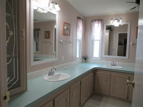 Double sinks with lots of storage space and counter space