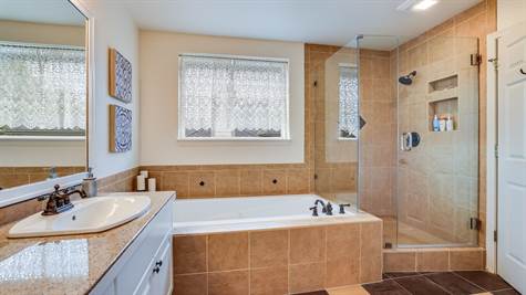 Oversized soaking tub and walk in shower.