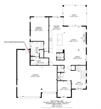 Main level floorplan - note the extended space in the garage for workbench or additional storage.
