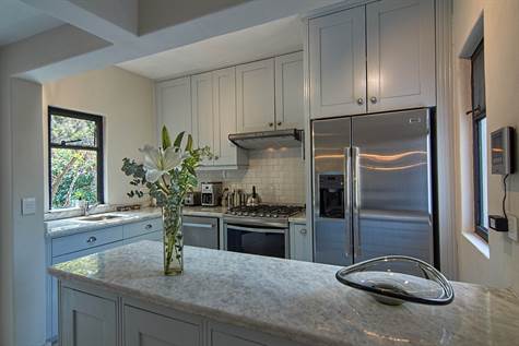 Kitchen with white granite countertops and stainless appliances