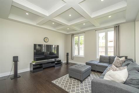 Great Room w/Gas Fireplace, Pot Lights & Upgraded Waffle Coffered Ceilings