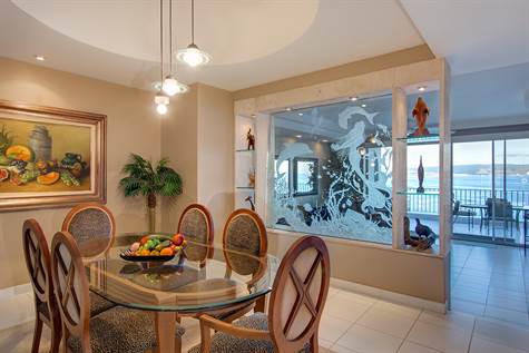 Dining area with lighted glass art