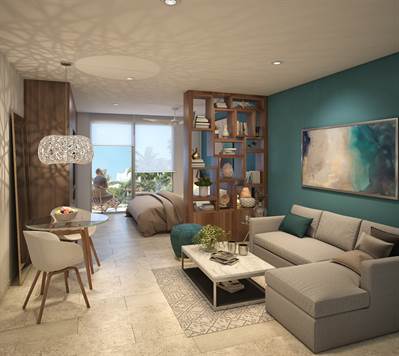 NEW PROJECT FOR SALE PLAYA DEL CARMEN living room with sofa and decoration