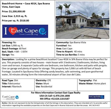 Beachfront Home 4 BR 3 BA Casa 401K Spa Buena Vista East